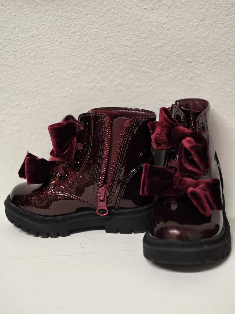Toddler Girls Velvet Bow Burgundy Ankle Boots - Kids Shoes